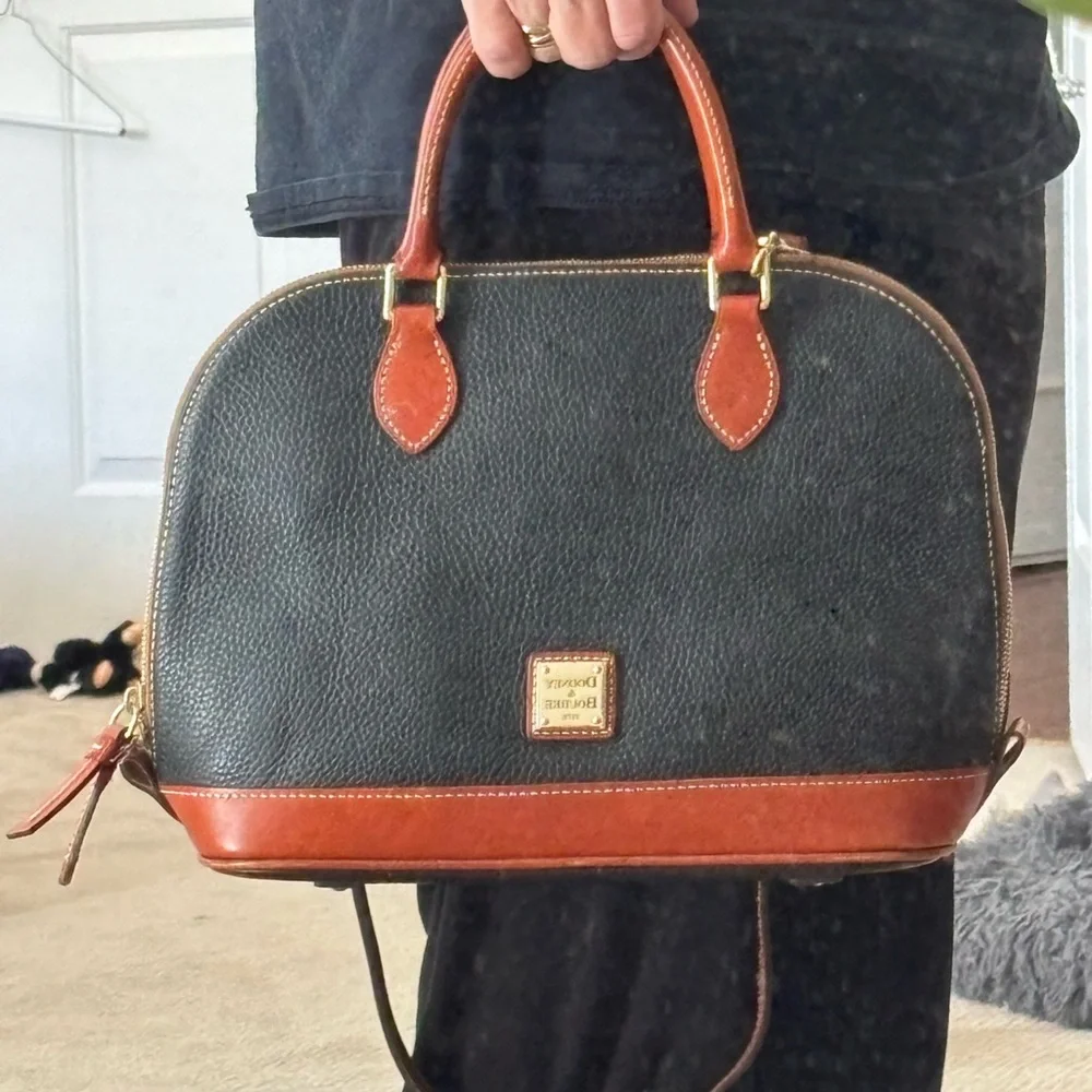 Dooney and Burke Pebble Grain Zip Zip Satchel. Black w/ brown leather accents. - Picture 1 of 7